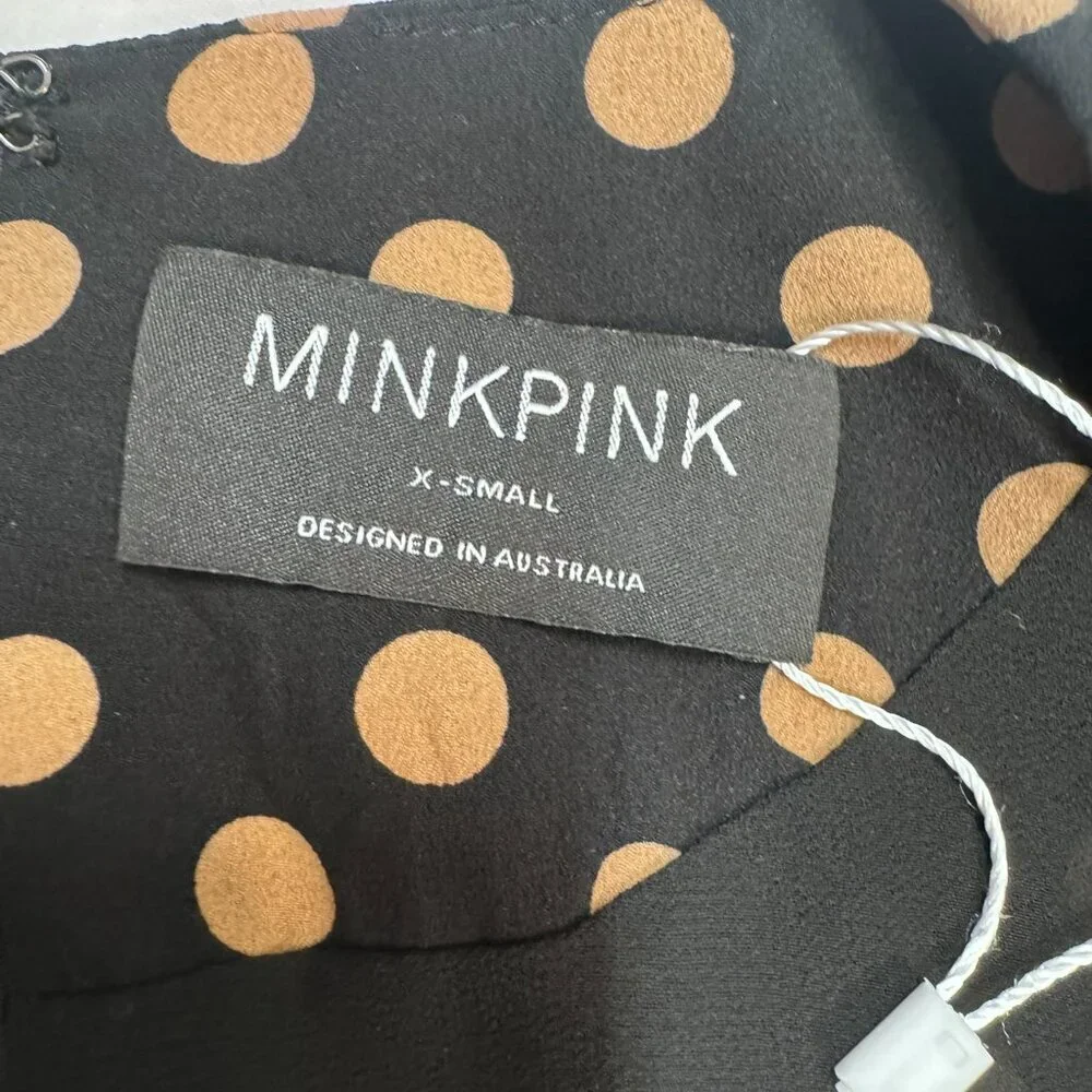 MINKPINK Black Tan Polka Dot Ruched Mini Dress XS Long Sleeve Like New